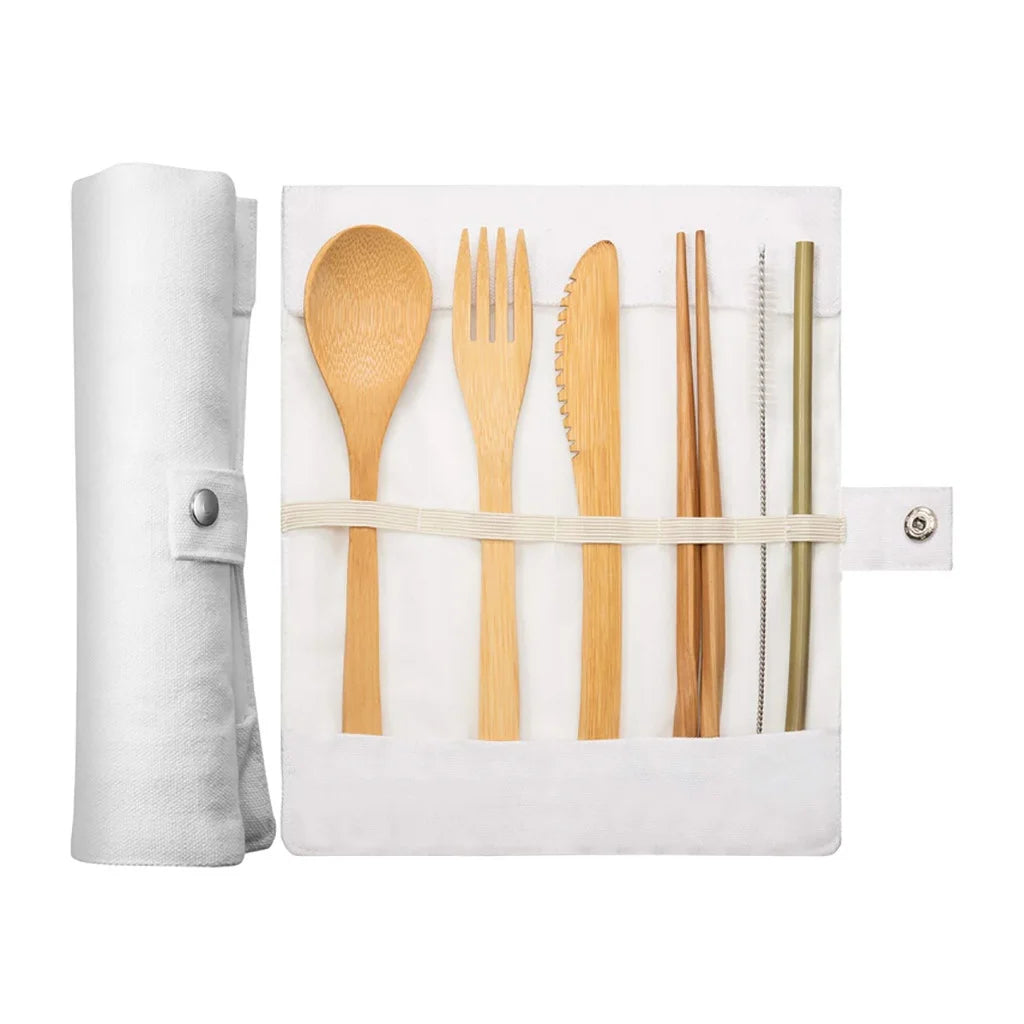 Bamboo Travel Tableware Reusable Bamboo Cutlery Set with Carrying Case Portable Wooden Dinnerware Bamboo Charcoal Toothbrush