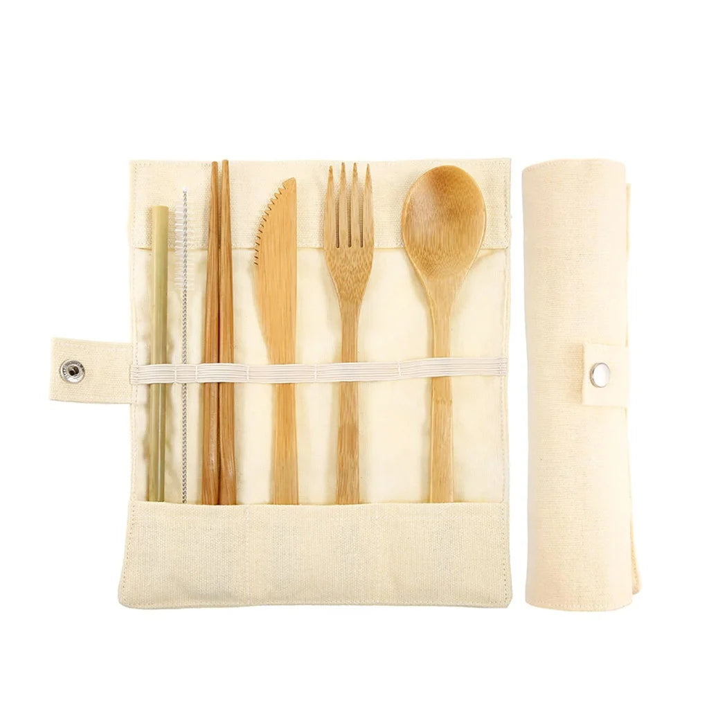 Bamboo Travel Tableware Reusable Bamboo Cutlery Set with Carrying Case Portable Wooden Dinnerware Bamboo Charcoal Toothbrush