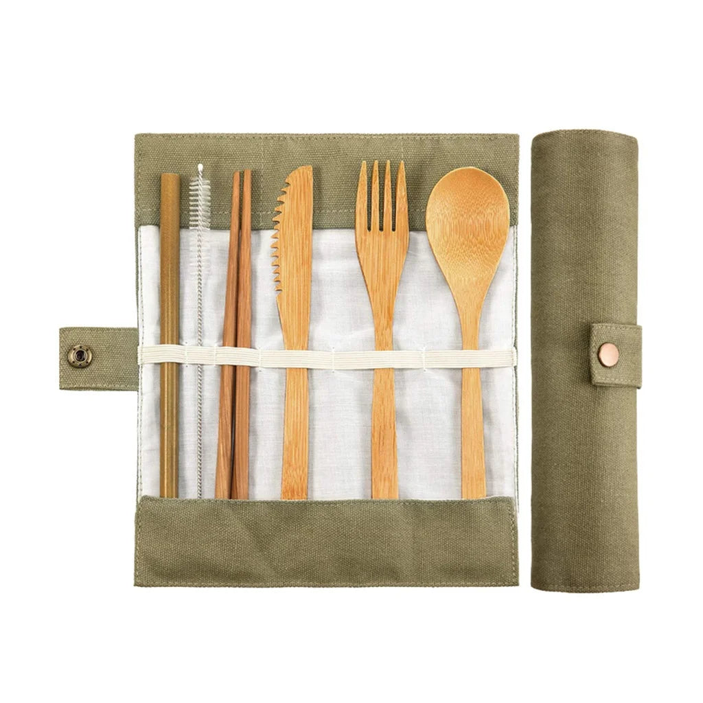 Bamboo Travel Tableware Reusable Bamboo Cutlery Set with Carrying Case Portable Wooden Dinnerware Bamboo Charcoal Toothbrush